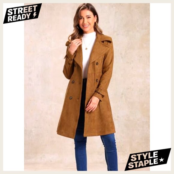 Faux Suede Trench Coat Double Breasted Overcoat Adjustable Belt Knee Length - Picture 2 of 5